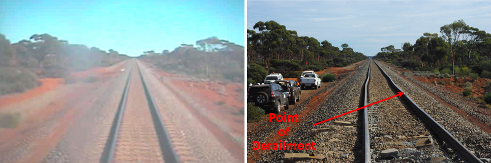 Figure 7: Video image from train 4414 (left) and photo post derailment (right)